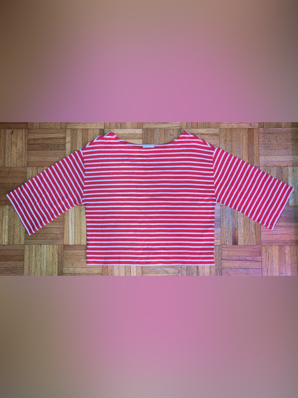 On 34th Coral Red and White Striped Boatneck Cotton Top S